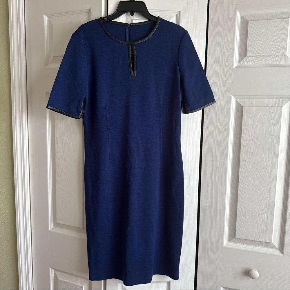 St.John Wool Knit Leather Trim Midi Dress